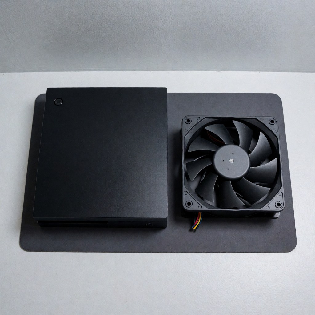Console de jeux vidéo noire posée sur une surface sombre, accompagnée d'un ventilateur de rechange neuf, évoquant un service de réparation et de maintenance matérielle.