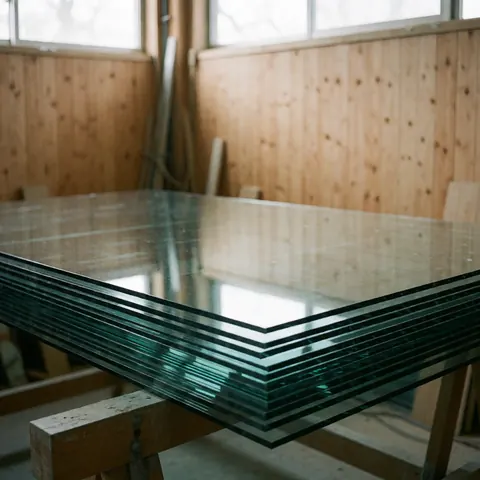 Des piles de verre trempé aux bords polis reposent sur des supports en bois dans un atelier avec des murs en bois et une lumière naturelle.