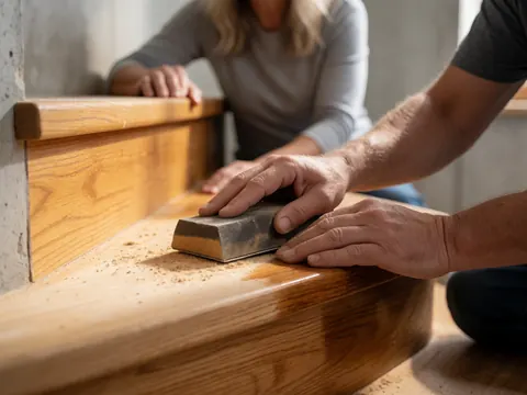 Une main adulte utilise du papier abrasif pour polir une marche en bois, révélant la transformation entre l'ancien et le nouveau fini avec de la poussière de bois.