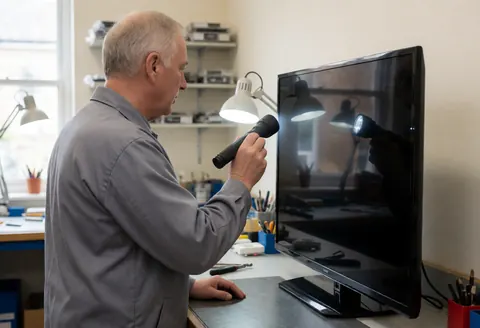 Un technicien en réparation d'appareils électroniques examine l'écran d'un téléviseur à l'aide d'une lampe de poche dans un atelier équipé.