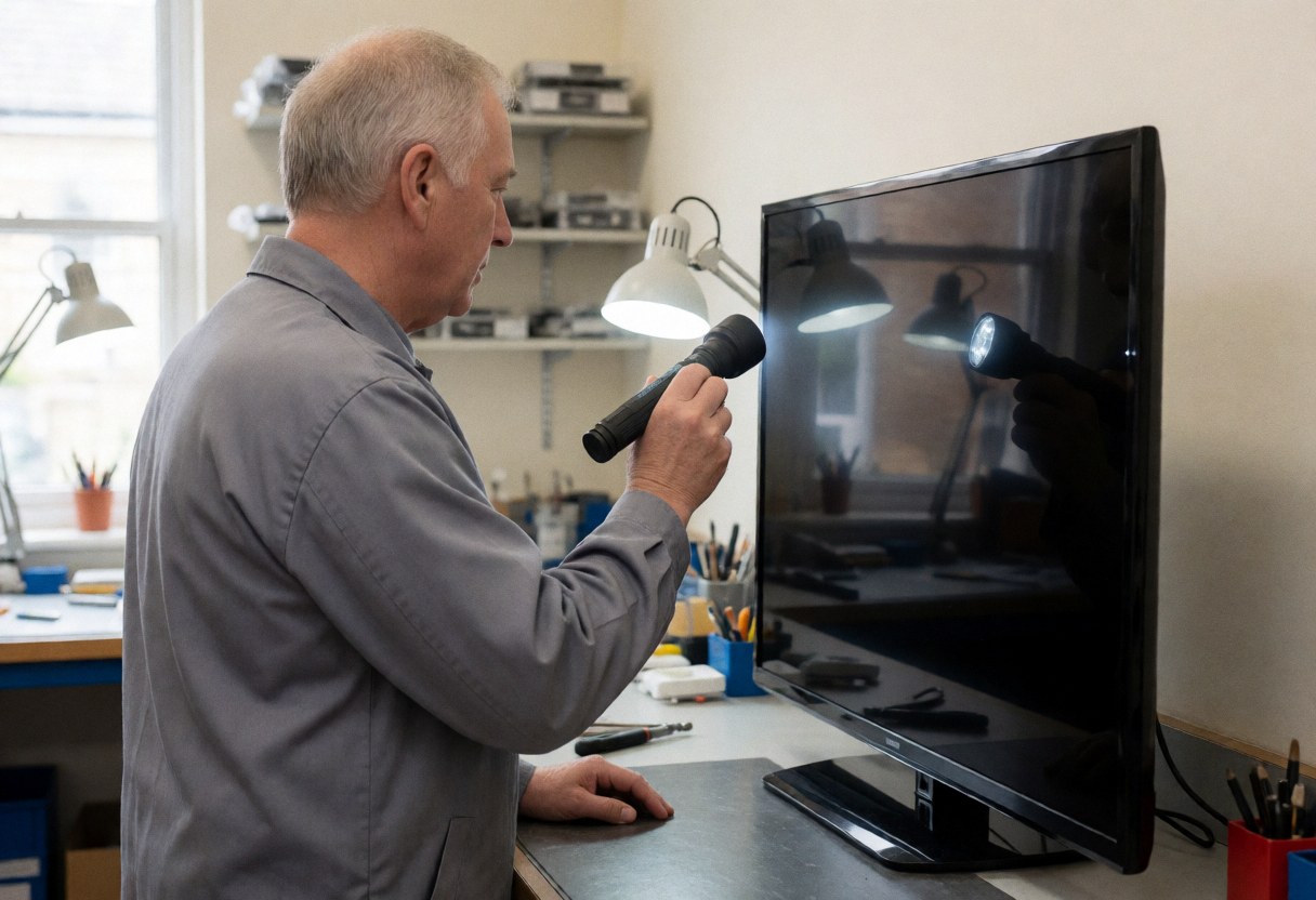 Un technicien en réparation d'appareils électroniques examine l'écran d'un téléviseur à l'aide d'une lampe de poche dans un atelier équipé.