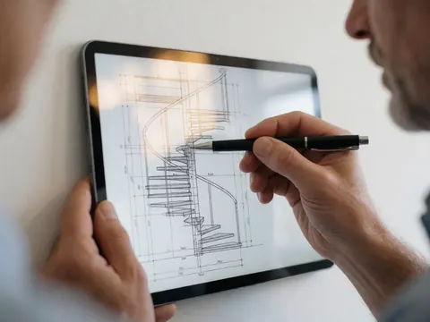 Un technicien examine un plan d'escalier hélicoïdal sur une tablette, tenant l'appareil d'une main et pointant un détail du design avec un stylo.