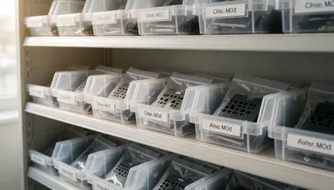 Des étagères organisées contenant des boîtes en plastique étiquetées pour le stockage de composants mobiles dans un entrepôt propre et bien rangé.