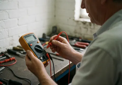 Un technicien de réparation de téléphones mobiles mesure la tension d'une nouvelle batterie à l'aide d'un multimètre dans un atelier.