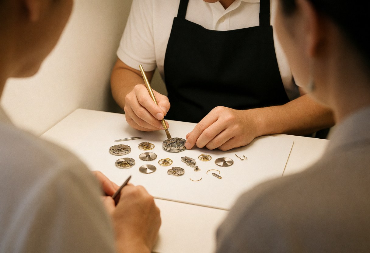 Technicien en tablier noir réparant une montre sur une table blanche, deux personnes observent depuis l'arrière, ambiance d'atelier de horlogerie.