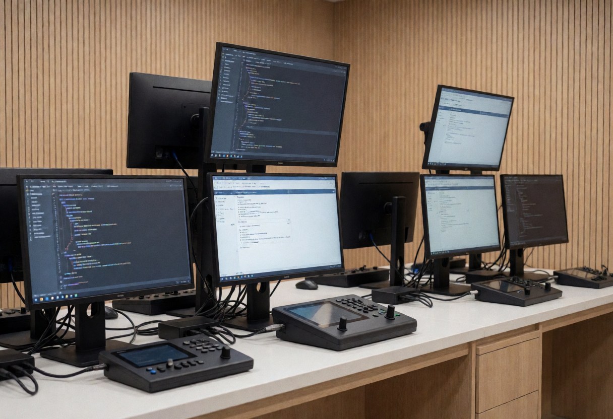Poste technique avec plusieurs écrans affichant du code et des outils de diagnostic pour la réparation de consoles, sur un bureau en bois clair dans un environnement professionnel.