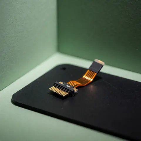 Connecteur de charge avec câble flexible posé sur une surface noire anti-statique, éclairé par une lumière douce dans un environnement aux murs verts.