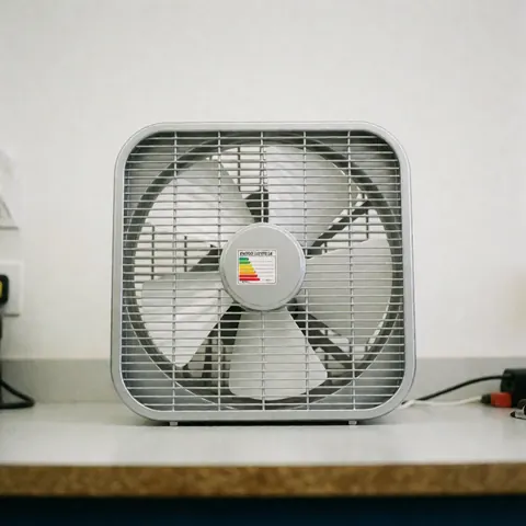 Ventilateur de plafond avec grille métallique et étiquette d'efficacité énergétique visible sur une table de travail propre et bien éclairée.