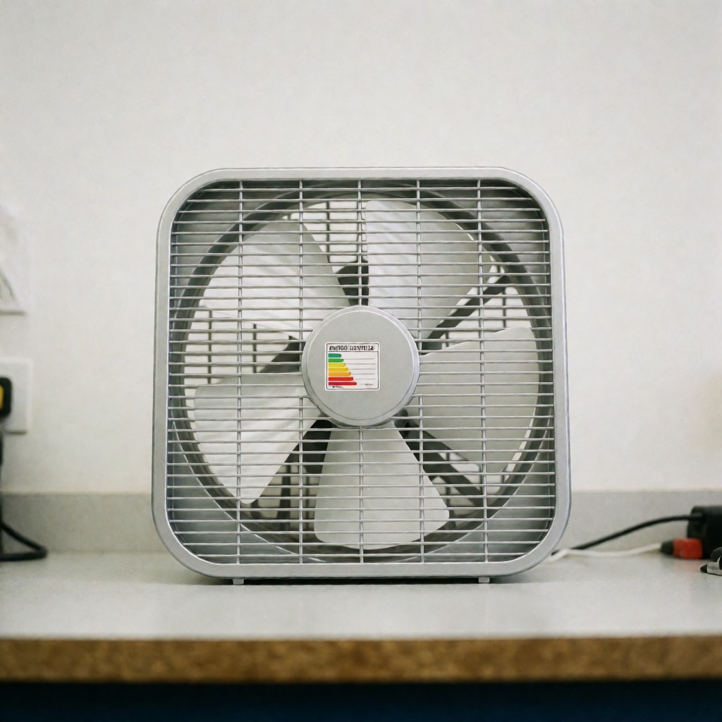 Ventilateur de plafond avec grille métallique et étiquette d'efficacité énergétique visible sur une table de travail propre et bien éclairée.