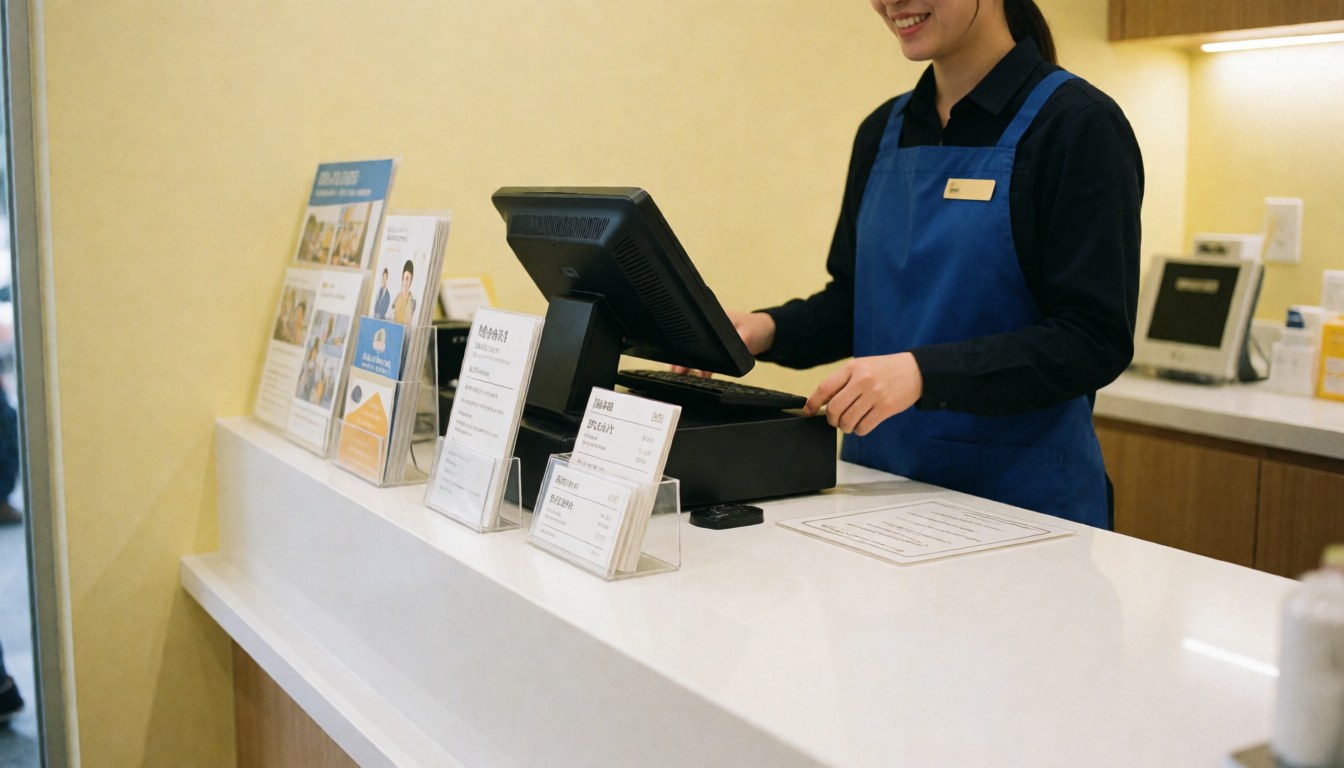 Employé à la caisse de service mobile, montrant des outils de travail et un environnement propre.
