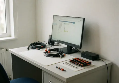 Bureau blanc avec outils de réparation, câbles et écran allumé, éclairé par la lumière naturelle d'une fenêtre, idéal pour un atelier de réparation de téléphones.