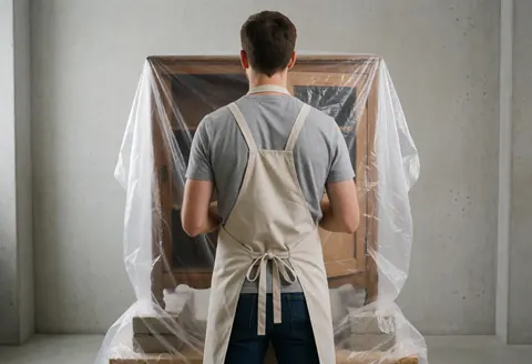 Un menuisier en tablier examine un meuble antique protégé par du plastique posé sur des blocs dans un atelier aux murs de béton.