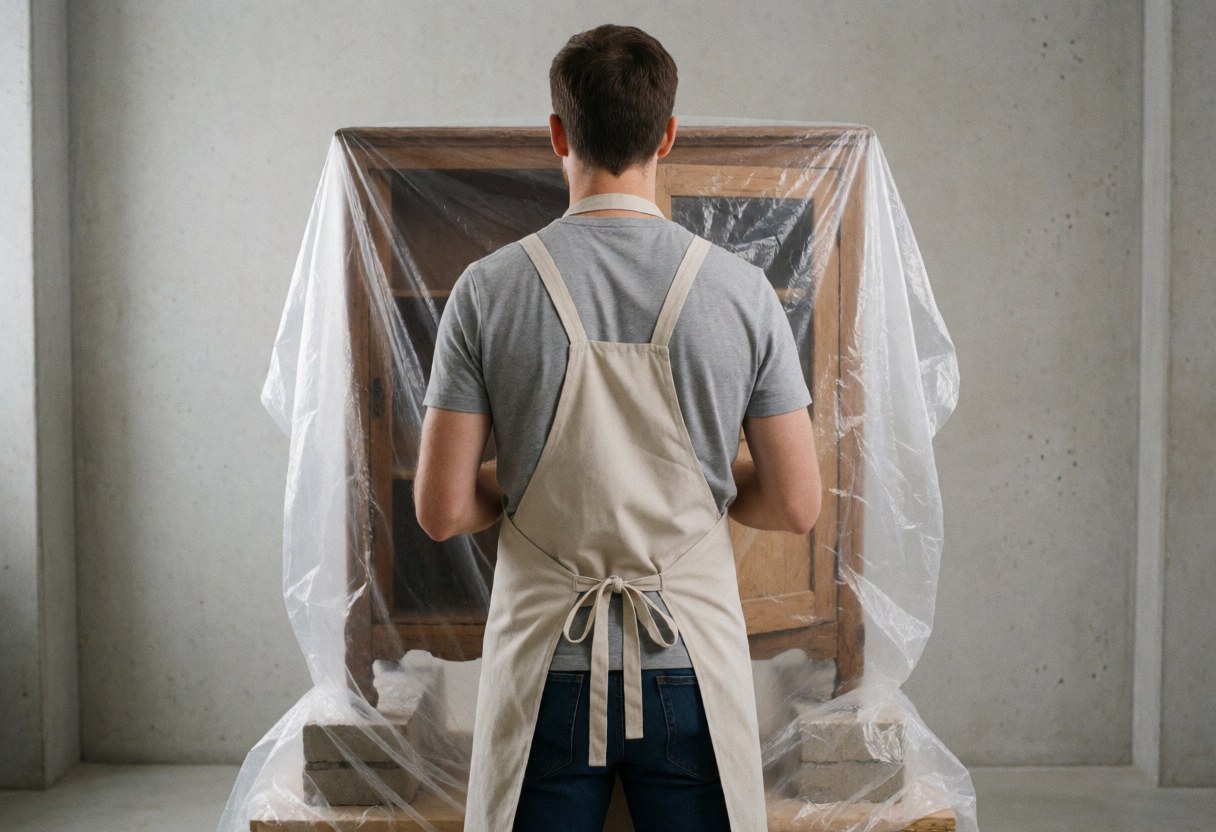 Un menuisier en tablier examine un meuble antique protégé par du plastique posé sur des blocs dans un atelier aux murs de béton.
