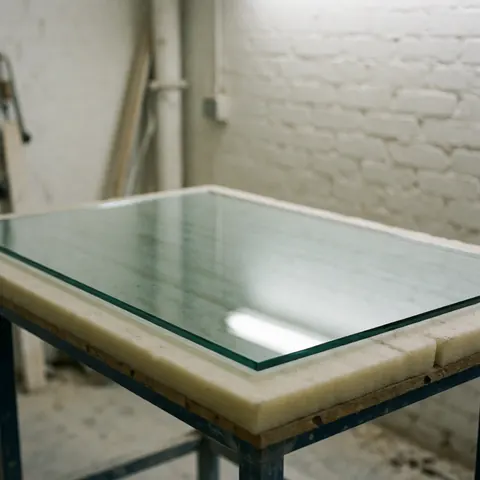 Un morceau de verre transparent fraîchement coupé repose sur une mousse protectrice au sein d'un atelier aux murs en briques blanches.