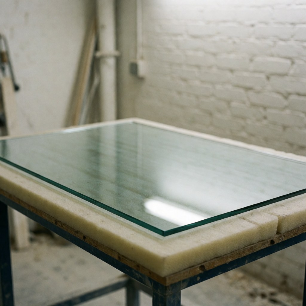 Un morceau de verre transparent fraîchement coupé repose sur une mousse protectrice au sein d'un atelier aux murs en briques blanches.