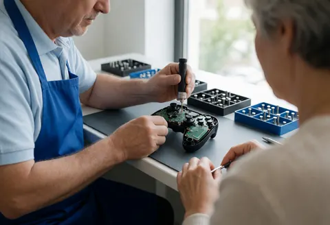 Un technicien et un client collaborent pour réparer une manette de jeu vidéo dans un atelier bien éclairé, entourés d'outils et d'accessoires.