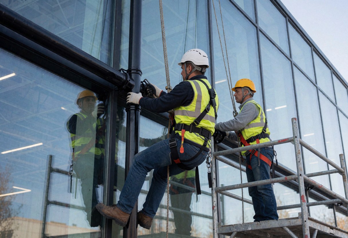 Deux techniciens casqués et harnachés installent des conduites noires sur la vitrine d'un immeuble moderne, l'un sur un échafaudage, l'autre en suspension par cordes.