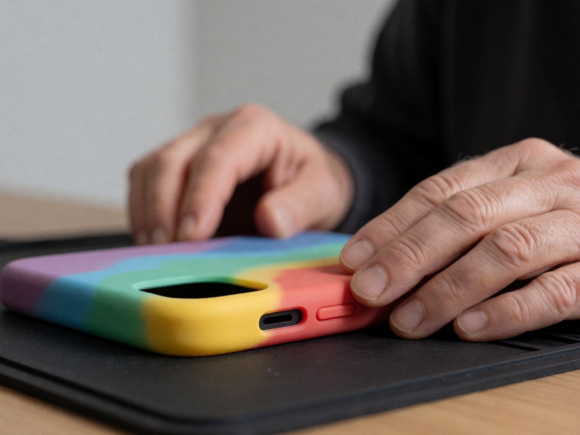 Mains travaillant sur la réparation d'un téléphone avec une coque à découpe précise et texture douce, posée sur une surface anti-statique.