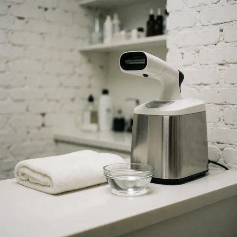 Un vaporisateur facial moderne et épuré posé sur un plan de travail blanc, accompagné d'une serviette et d'un récipient d'eau dans un cadre clinique aux murs en briques blanches.