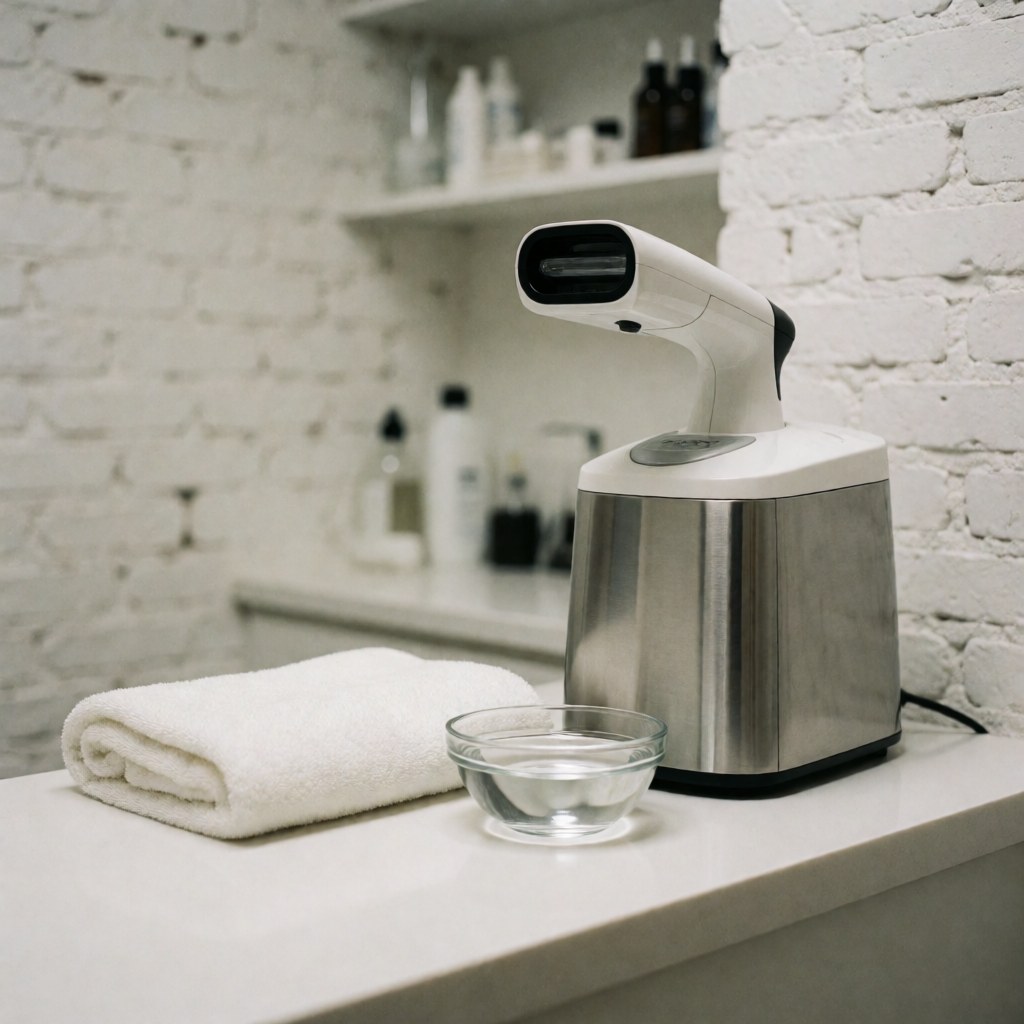 Un vaporisateur facial moderne et épuré posé sur un plan de travail blanc, accompagné d'une serviette et d'un récipient d'eau dans un cadre clinique aux murs en briques blanches.