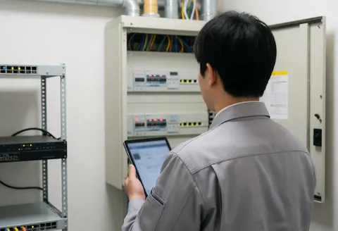 Un technicien en uniforme gris examine un panneau électrique ouvert à l'aide d'une tablette dans une salle équipée de racks et de murs blancs.
