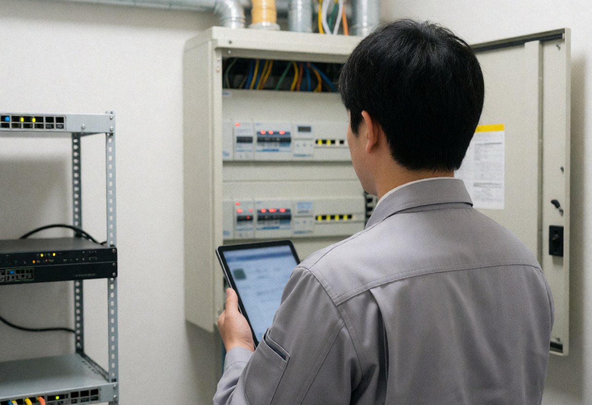 Un technicien en uniforme gris examine un panneau électrique ouvert à l'aide d'une tablette dans une salle équipée de racks et de murs blancs.