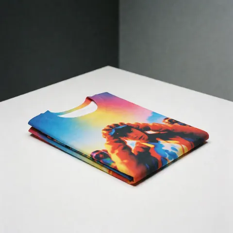 T-shirt à manches courtes plié présentant un imprimé sublimé aux couleurs vives sur une surface blanche éclairée uniformément, sur fond gris neutre.