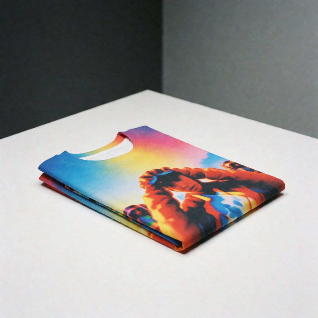 T-shirt à manches courtes plié présentant un imprimé sublimé aux couleurs vives sur une surface blanche éclairée uniformément, sur fond gris neutre.