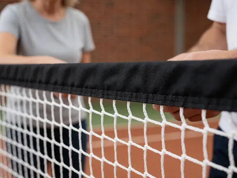 Gros plan sur des mains travaillant sur le bord noir d'un filet de tennis avec un fond de mur en briques flou. Idéal pour les installateurs de courts de tennis.