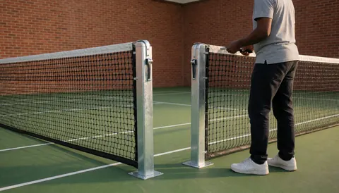 Un installateur ajuste la net de tennis sur un court vert avec des murs en briques rouges, sous la lumière chaude du coucher de soleil.