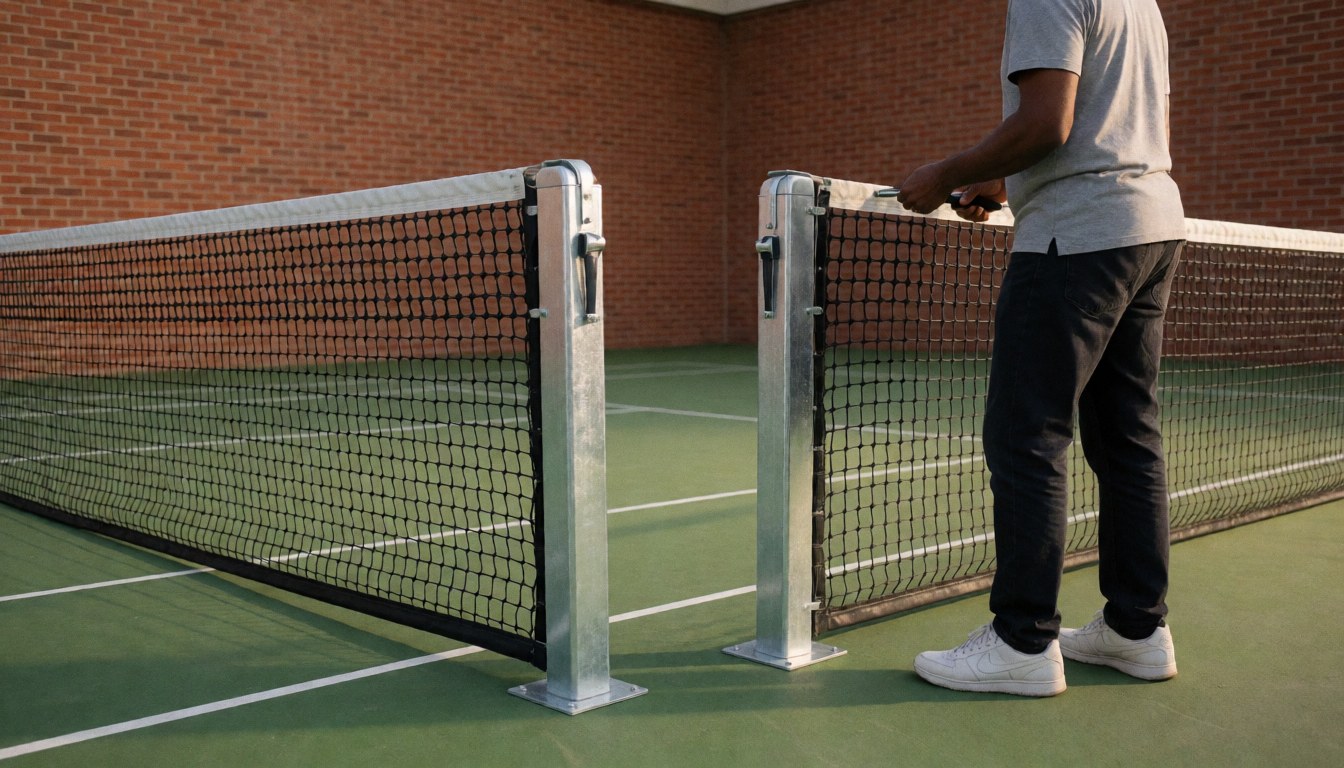 Un installateur ajuste la net de tennis sur un court vert avec des murs en briques rouges, sous la lumière chaude du coucher de soleil.