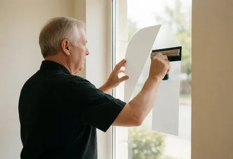 Un technicien professionnel applique un film décoratif sur une fenêtre en verre à l'aide d'une raclette, dans un intérieur lumineux aux murs clairs.