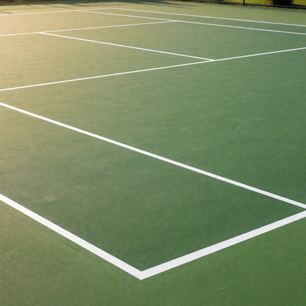 Court de tennis extérieur fraîchement peint avec surface verte et lignes blanches nettes sous lumière solaire, idéal pour illustrer des services d'installation.