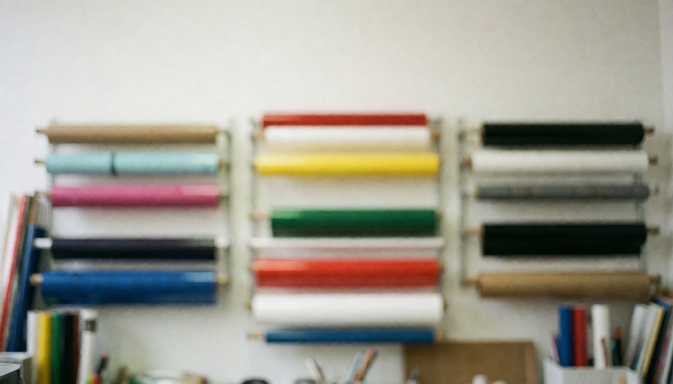 Arrière-plan flou d'un atelier de sérigraphie avec des étagères contenant des rouleaux de vinyle aux couleurs vives, idéal pour superposer du texte publicitaire.