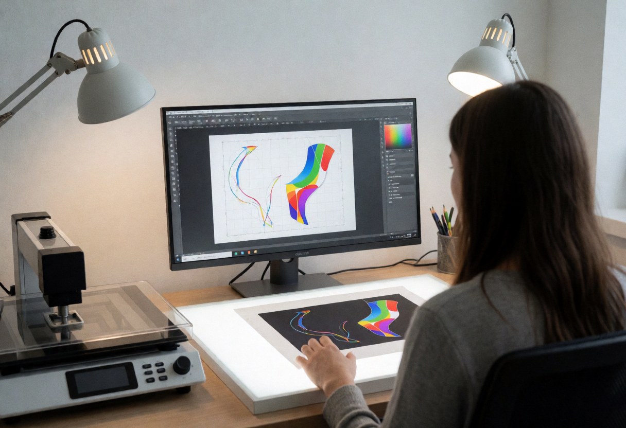 Une designer examine des graphiques vectoriels sur un écran d'ordinateur posé sur un bureau, avec une lampe de travail et des échantillons imprimés.