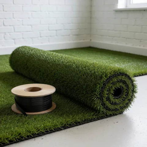 Rouleau de gazon synthétique vert pour terrains de tennis, à côté d'une bobine de bande noire, sur sol d'atelier avec mur en briques blanches.