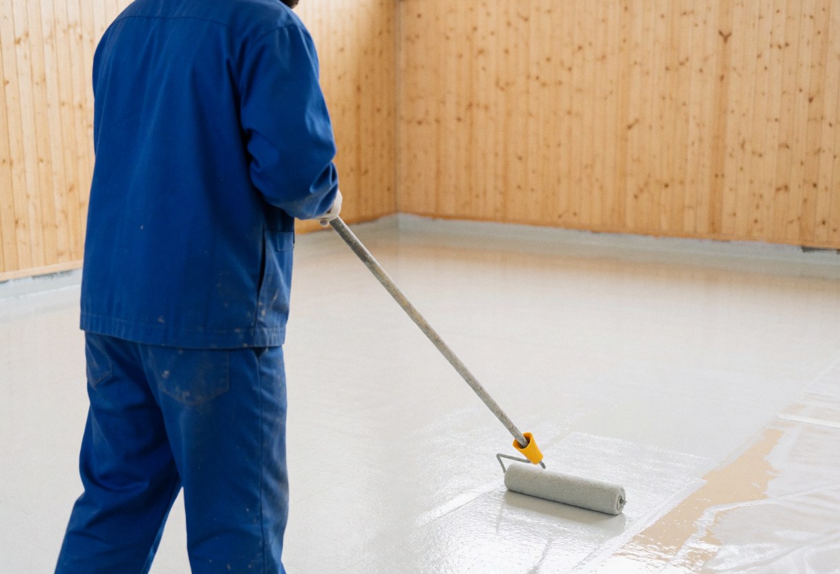 Un ouvrier en uniforme bleu utilise un rouleau pour appliquer une résine brillante sur le sol d'un court de tennis entouré de murs en bois clair.