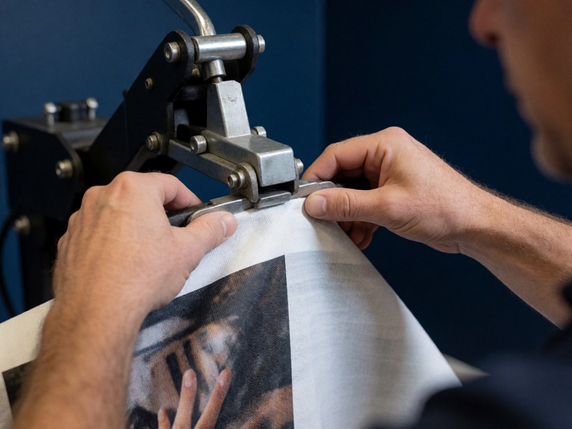 Gros plan montrant des mains réglant une presse thermique sur un tissu à motif, sur fond bleu foncé, illustrant le détail d'un processus industriel de textile.