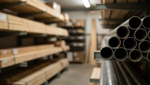 Entrepôt industriel avec des tubes métalliques et des planches de bois sur des étagères, fond flou pour textes commerciaux.