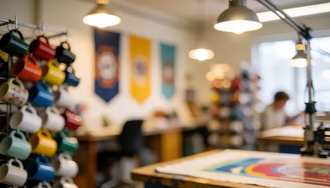 Arrière-plan flou d'un atelier de sérigraphie avec des tasses colorées, des bannières et une lumière chaude, idéal pour ajouter du texte.