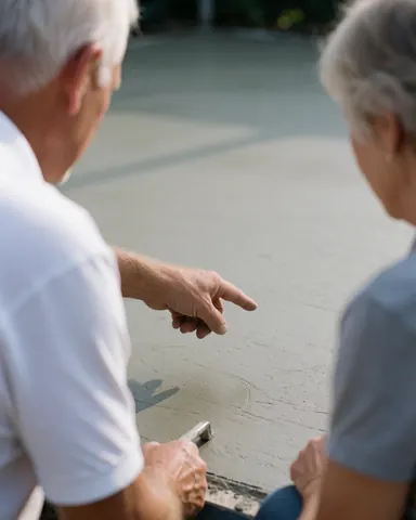 Un client examine attentivement une base en béton fraîchement coulée, accompagné d'un professionnel sur un chantier en plein air par temps ensoleillé.