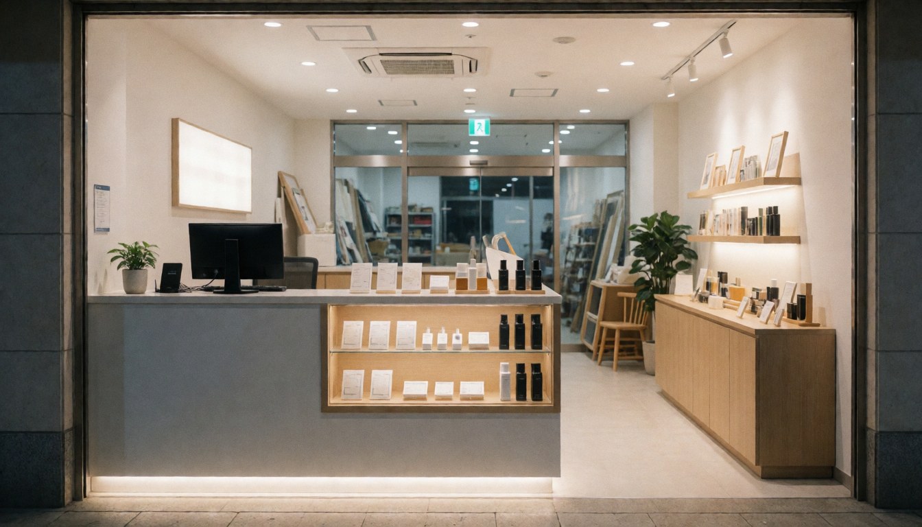 Intérieur de réception de magasin avec comptoir propre, ordinateur, plantes vertes et étagères éclairées pour les produits, créant une ambiance professionnelle et accueillante.