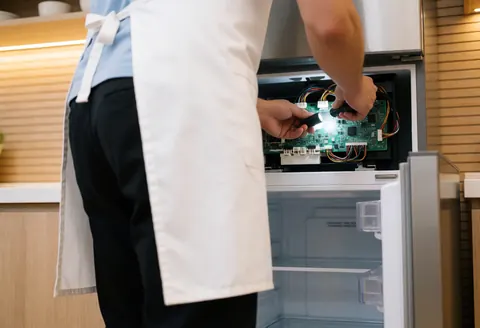 Un technicien en tablier blanc examine attentivement la carte électronique d'un réfrigérateur à l'aide d'une lampe de poche dans un environnement professionnel.