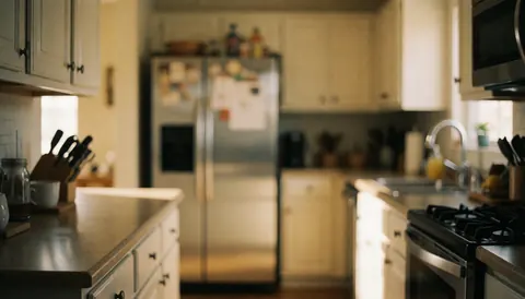 Intérieur de cuisine contemporaine mettant en valeur un réfrigérateur en acier inoxydable sur fond doux, éclairage chaleureux, surfaces en bois et plan de travail, idéal pour superposer du texte.