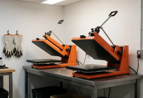 Deux machines de transfert thermique orange posées sur une table métallique dans un atelier propre avec des gants accrochés au mur, idéal pour les services d'impression textile.