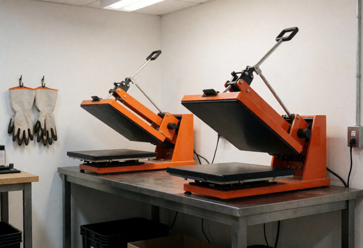 Deux machines de transfert thermique orange posées sur une table métallique dans un atelier propre avec des gants accrochés au mur, idéal pour les services d'impression textile.