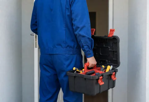 Un technicien en uniforme bleu transporte une mallette ouverte vers une porte de maison, scène de réparation en action sous lumière naturelle sur fond gris clair.