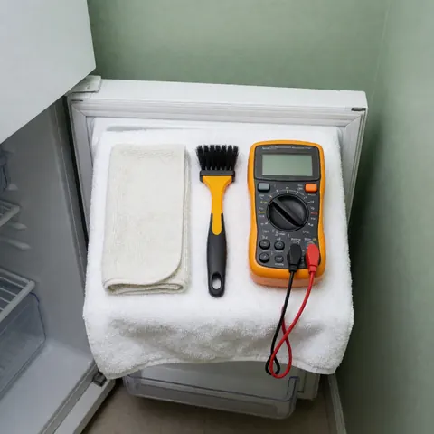 Kit professionnel pour réparer des réfrigérateurs : serviette, brosse et multimètre posés sur une serviette blanche près de la porte ouverte du réfrigérateur.