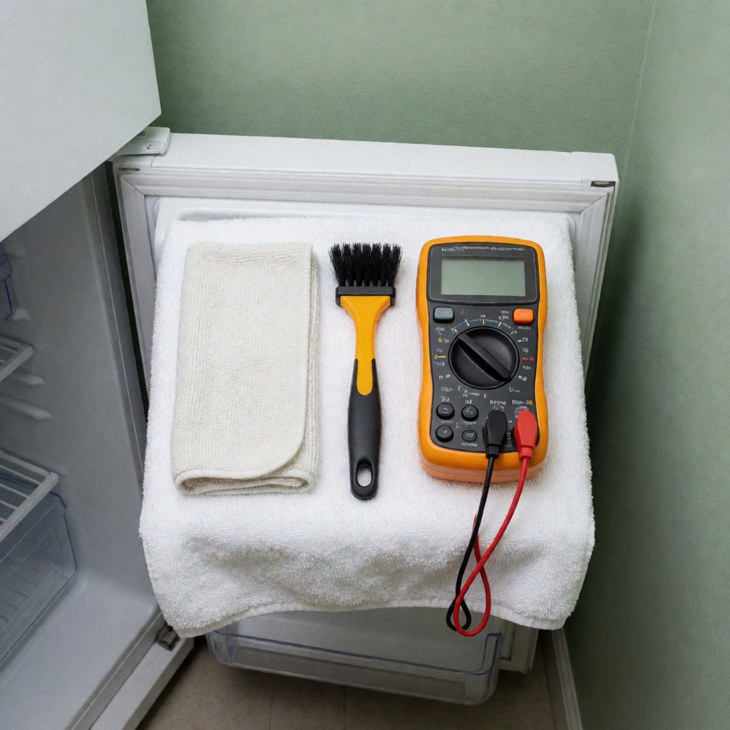 Kit professionnel pour réparer des réfrigérateurs : serviette, brosse et multimètre posés sur une serviette blanche près de la porte ouverte du réfrigérateur.