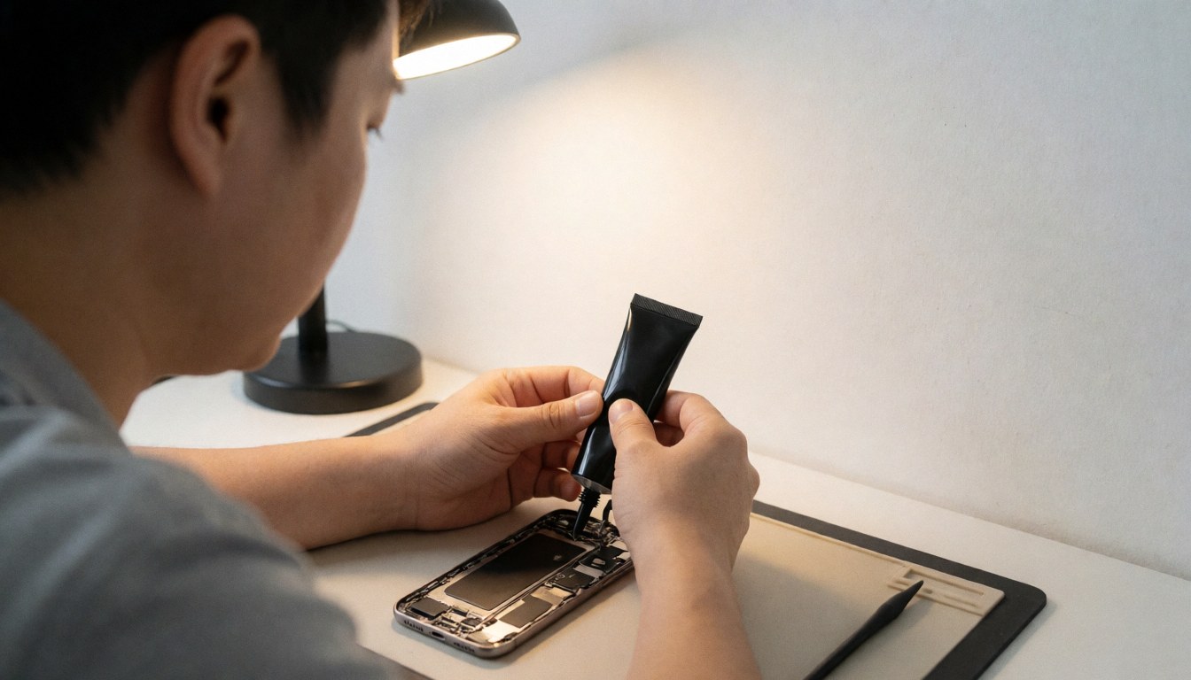 Un technicien pose un ruban adhésif noir sur un smartphone démonté posé sur une table propre, sous l'éclairage d'une lampe de bureau avec un fond blanc lumineux.
